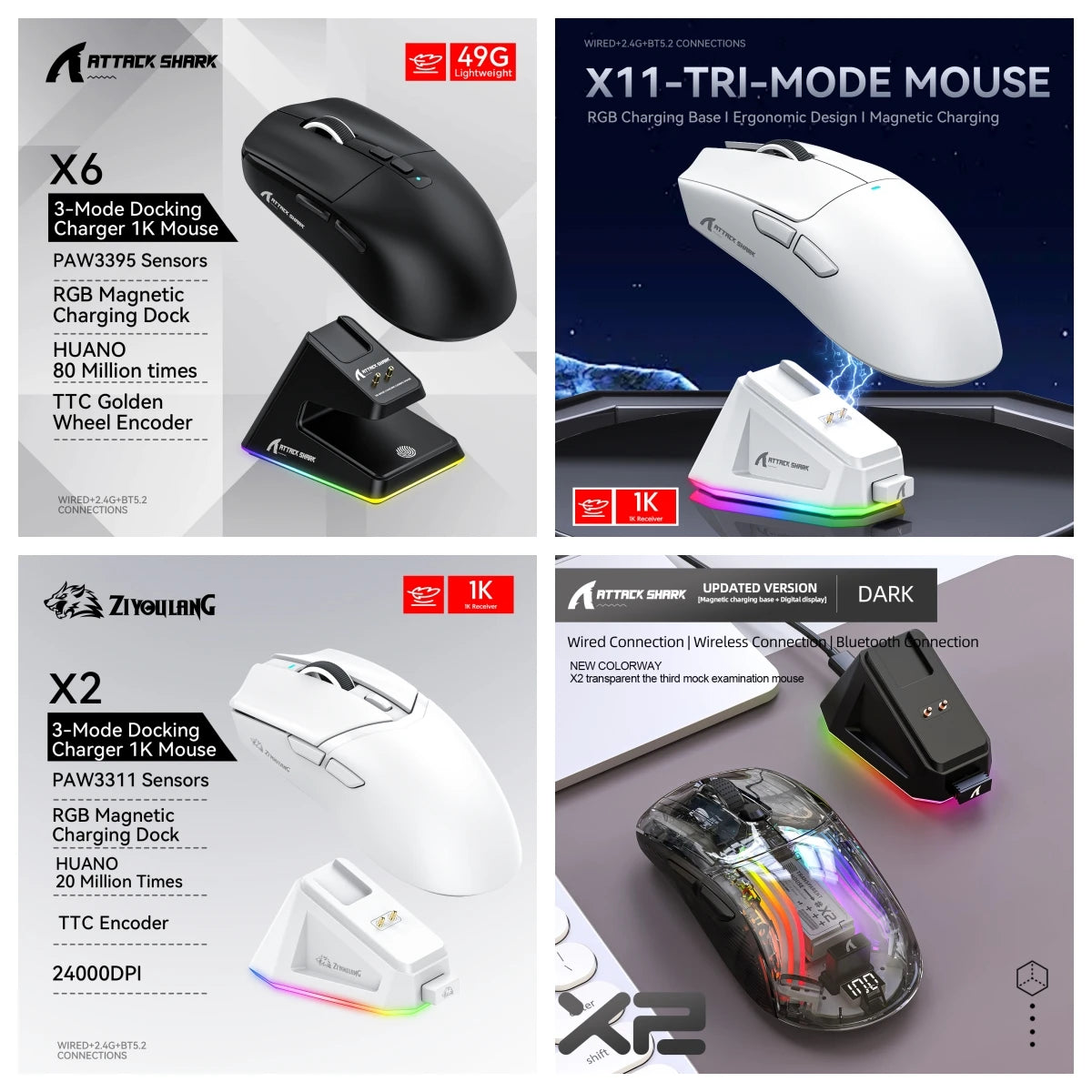 Attack Shark X11/X6/X2/X2Pro Gaming Mouse Magnetic RGB PAW3395 Bluetooth Three-Mode Connection Wireless Mouse, DPI Adjustable