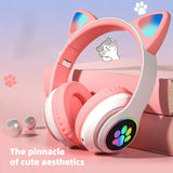 P47M Wireless Headphone Flash Light Cute Cat Bluetooth with Mic Control LED Stereo Music Helmet Phone Bluetooth