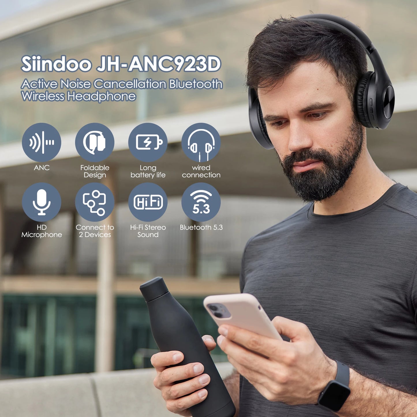 Siindoo JH-ANC923 Active Noise Cancelling Wireless Foldable Over-Bluetooth Headphones With Mic HiFi Stereo Deep Bass