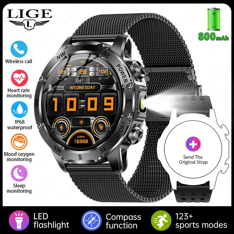 LIGE Compass Smart Watch Men 800mAh Outdoor Flashlight Bluetooth Call Waterproof Sports Fitness Tracker Pedometer Man