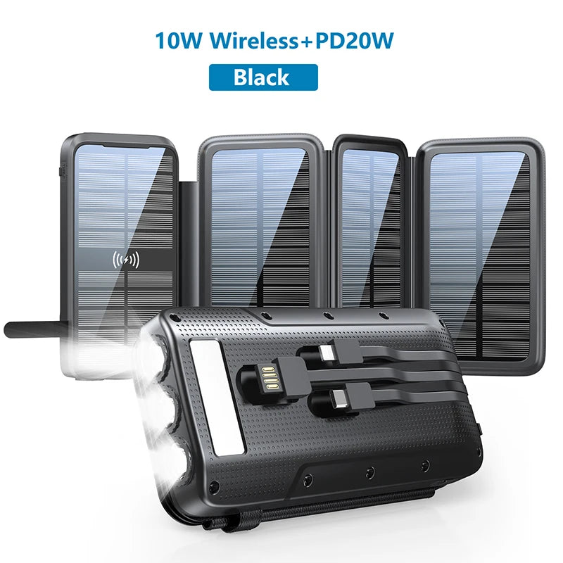 Waterproof Solar Power Bank 43800mAh Fast Wireless Charger for iPhone 15 14 Samsung Huawei Xiaomi PD 20W Fast