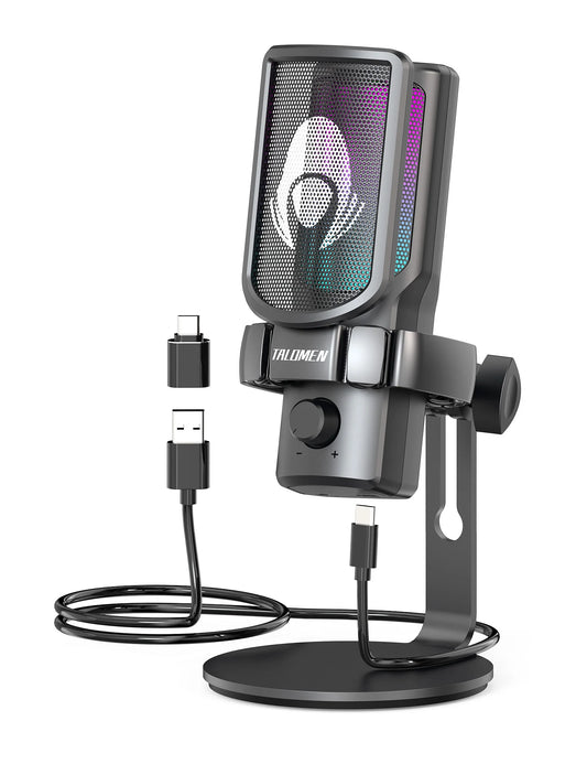 Gaming USB Condenser Microphone – RGB PC Mic with Mute, Gain Knob, Metal Stand & Pop Filter