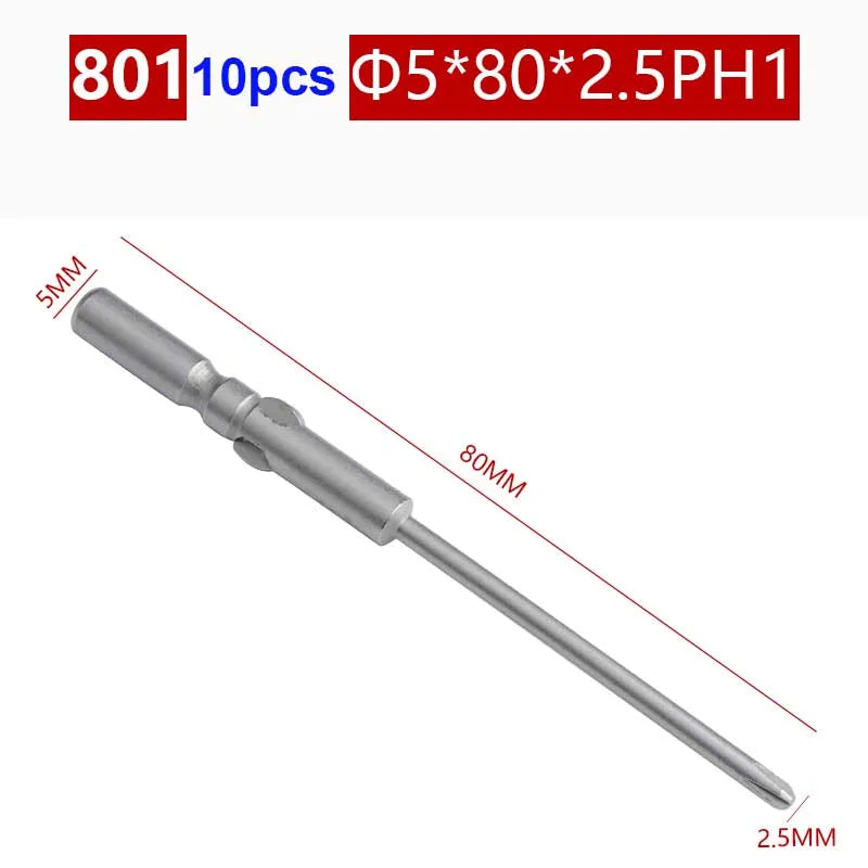 10pcs/lot 801 5mm Round Shank Magnetic Phillips Cross Screwdriver Bits Electric  bits PH0 PH1 PH2 80mm Full Length