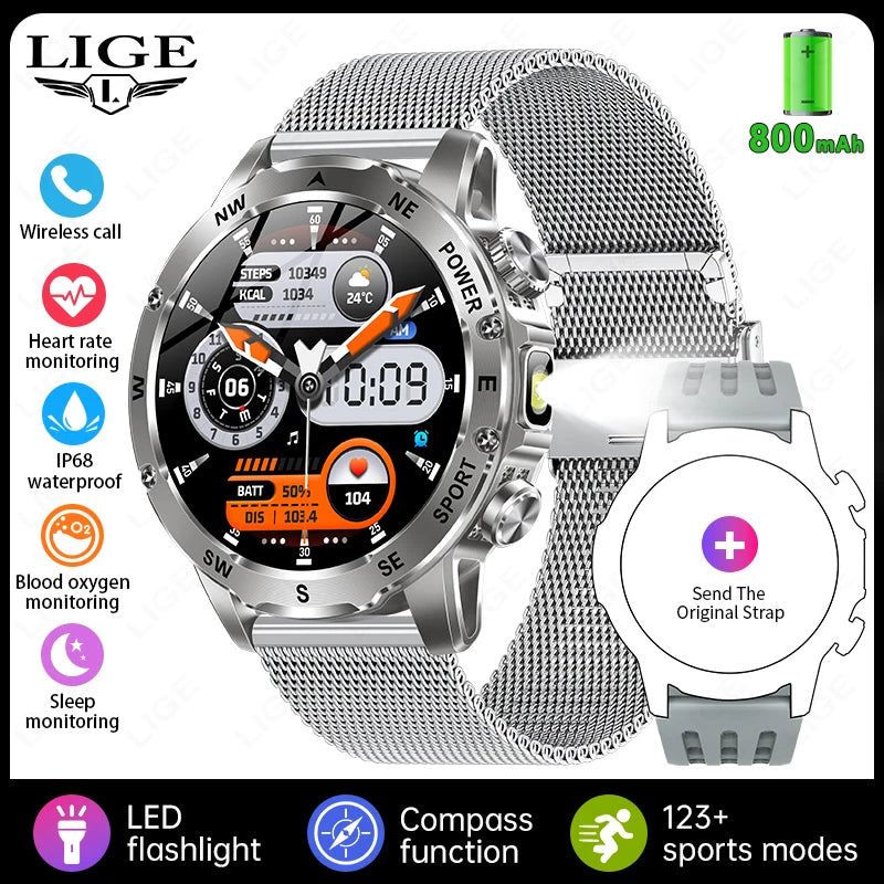 LIGE Compass Smart Watch Men 800mAh Outdoor Flashlight Bluetooth Call Waterproof Sports Fitness Tracker Pedometer Man
