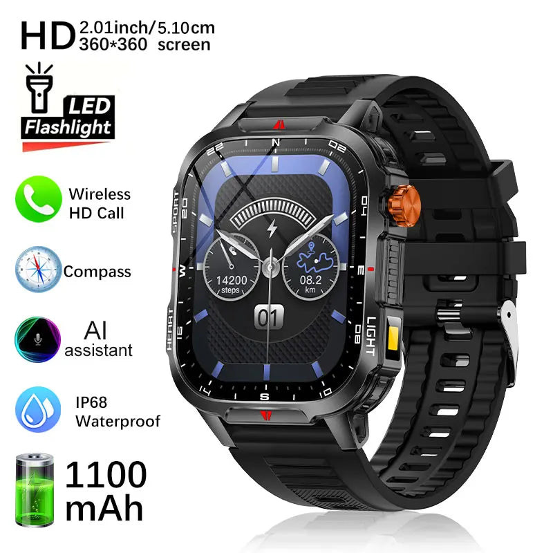 Fanwear men's smart watch Bluetooth call 1100mAh battery 100 days standby time 2.01 inch screen IP68