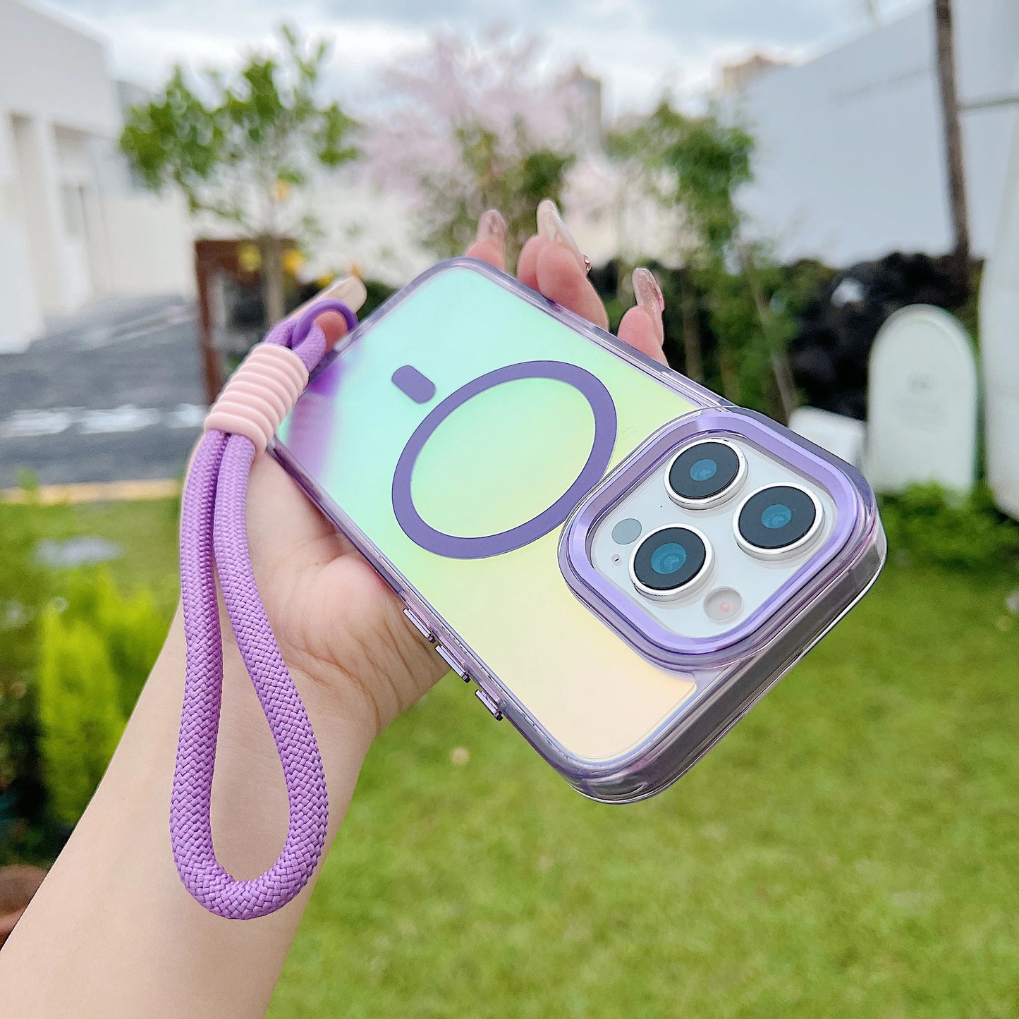 Fashion Laser Gradient Magnetic Lanyard Shockproof Case for iPhone 17 Air 16 15 14 13 11 12 Pro Max Plus E For Magsafe