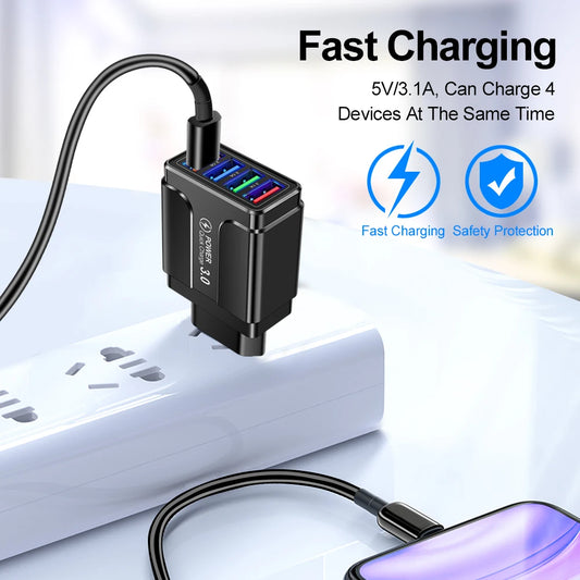 4 Ports Quick Charge 3.0 Wall Fast Charger Micro USB Fast Data Sync x Cable for Samsung Xiaomi Huawei Mobile Phone
