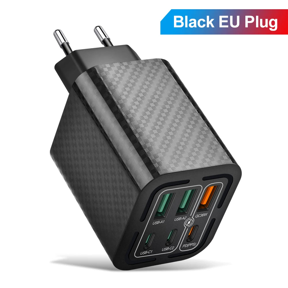 Total 150W USB Charger 6 Ports Type C Fast Mobile Phone Wall EU/US Plug For iPhone 15 Samsung Xiaomi Huawei