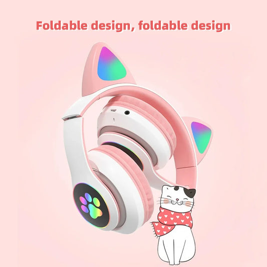 P47M Wireless Headphone Flash Light Cute Cat Bluetooth with Mic Control LED Stereo Music Helmet Phone Bluetooth