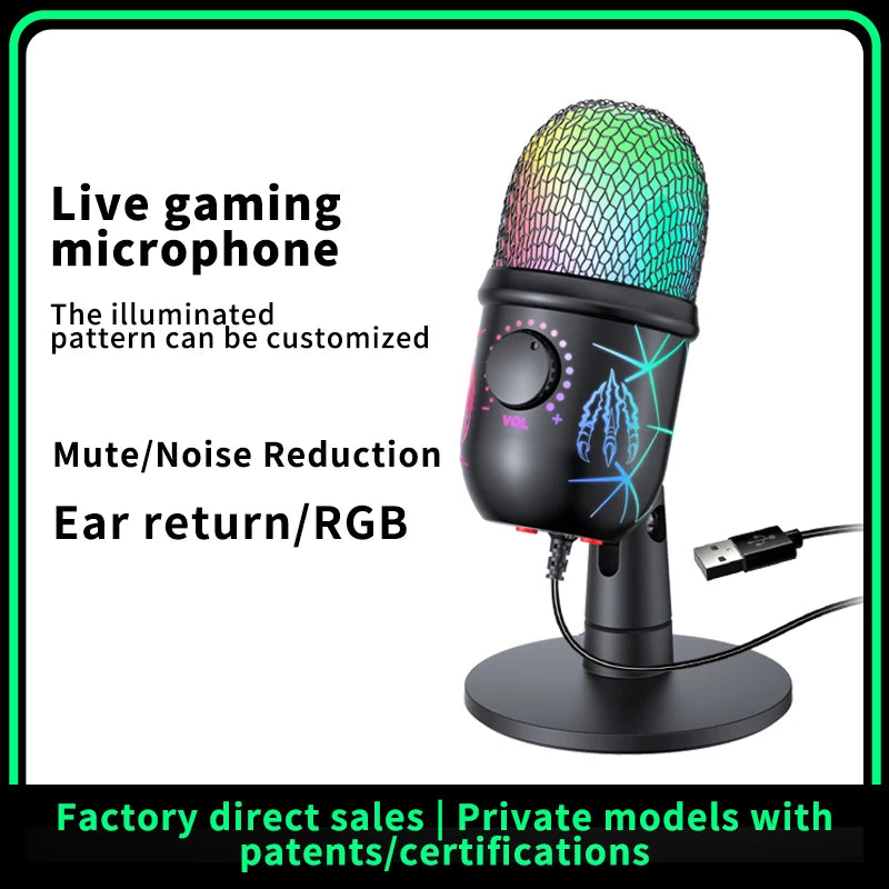Gaming USB Condenser Microphone for PC – Podcast & Studio Recording with LED, Noise Cancellation, Headphone Jack