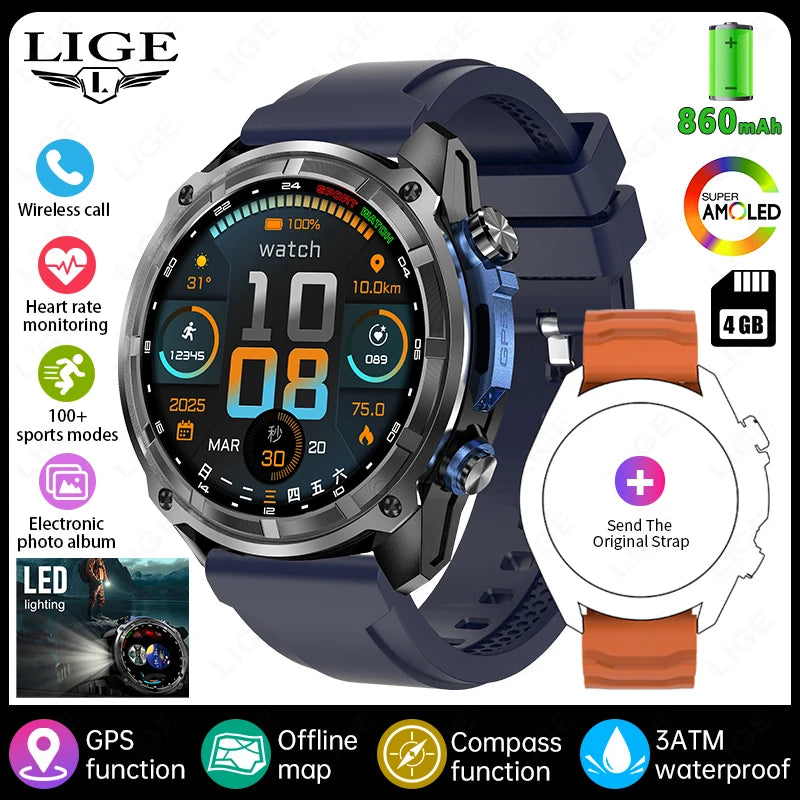 LIGE GPS Offline Map Smart Watch 860mAh Outdoor Sports Compass Altimeter 4GB Memory AMOLED Voice Call 3ATM Men Bracelets