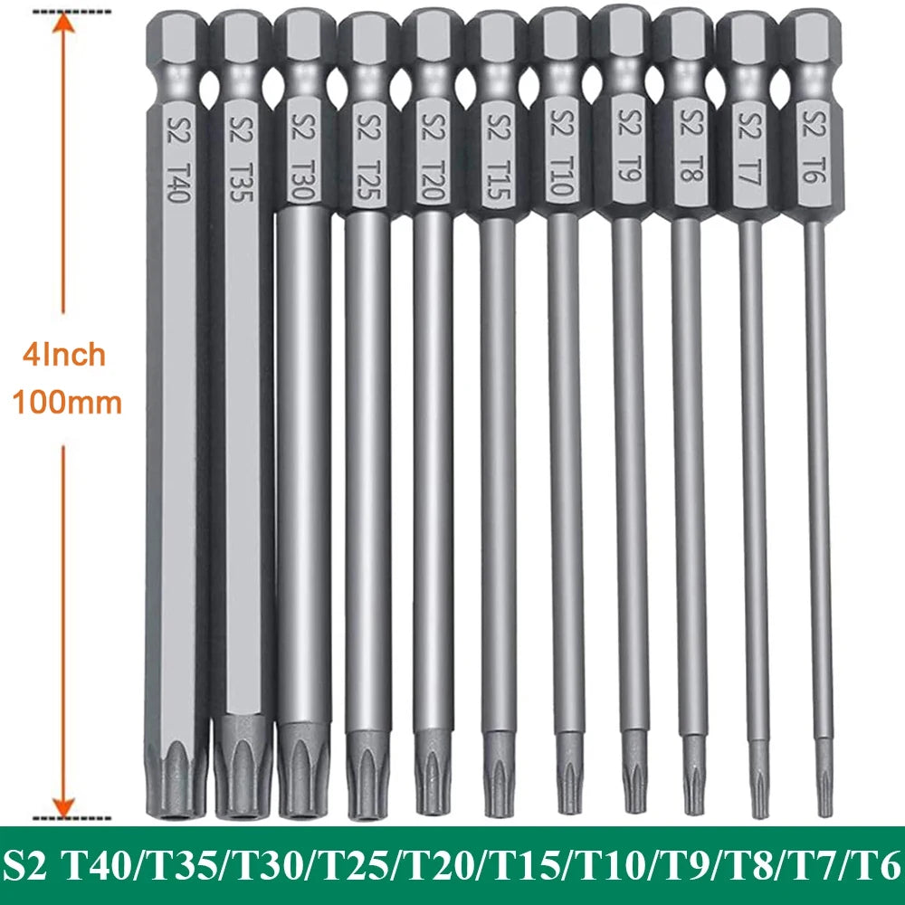 Hex Shank Torx Security Head Screwdriver Drill Set 4 Inch Length S2 Steel Torx Bit Set 11/12pcs Torx Head 1/4 Inch