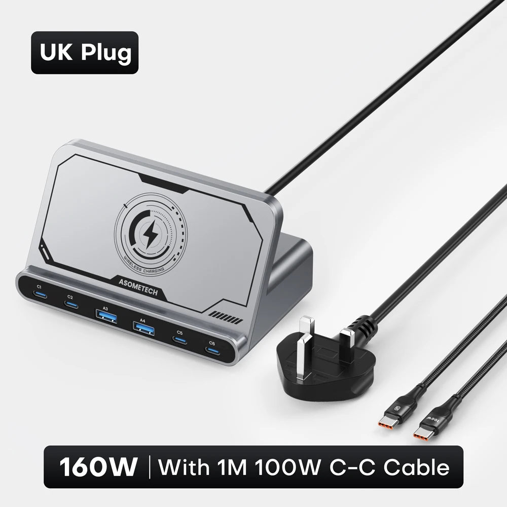 ASOMETECH 160W USB FastCharging Station 7 in 1 Wireless65W 45W PPS PD Type C  For Macbook iPad iPhone 16 Samsung