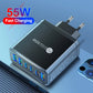 55W PD USB Charger 6 Ports Fast Charging Travel For iPhone Samsung Huawei Xiaomi Mobile Phone Quick 3.0