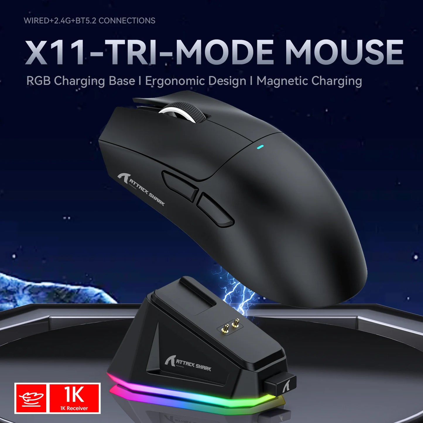 Attack Shark X11 Tri-mode Gaming Mouse – Magnetic Charging, 22K DPI, BT/2.4Ghz/Wired