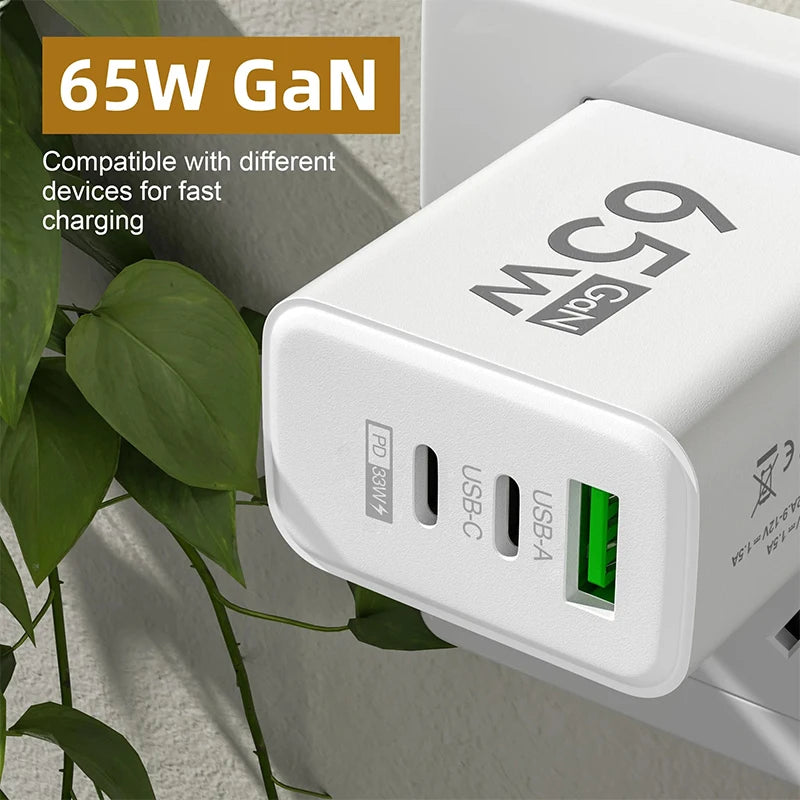 GaN Fast Charging 65W USB Type C EU KR PD 3.0 Quick Wall For Phone For iPhone 15 Xiaomi Huawei Samsung