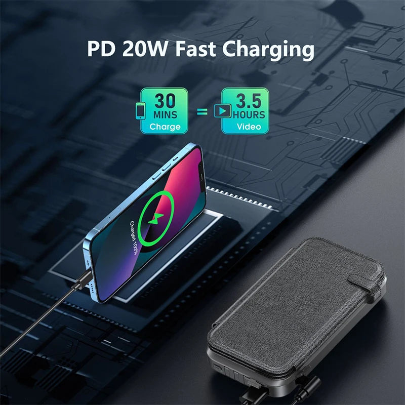 Waterproof Solar Power Bank 43800mAh Fast Wireless Charger for iPhone 15 14 Samsung Huawei Xiaomi PD 20W Fast