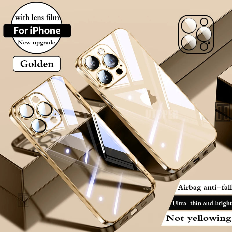 Luxury High Quality Upgrade Plating TPU Soft Case for iPhone 17 Air 16 15 14 13 12 11 Pro Max Plus Clear Lens Film Protect Cover