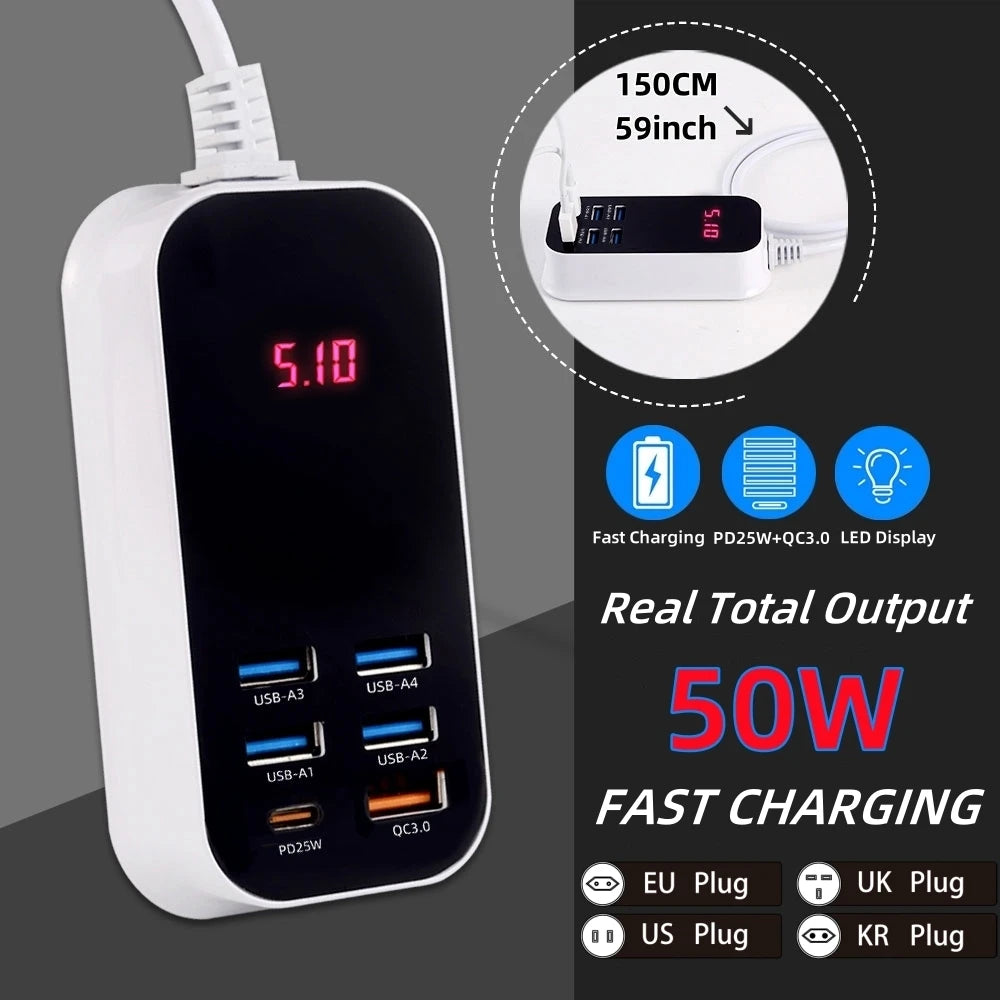 50W Multiple Port USB Fast  Charger PD25W Type C QC3.0 Desktop Wall Power Adapter Phone UK EU US Korea Plug Quick Charge