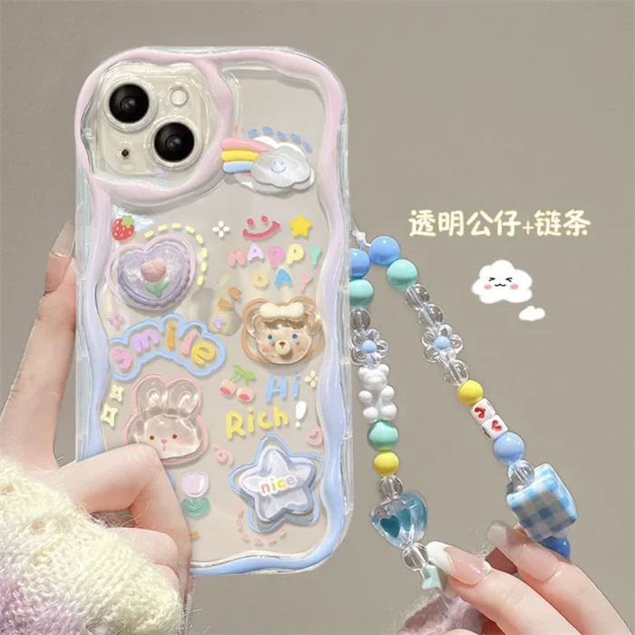 Korean 3D Bear Hang Phone Chain Lanyard Clear Soft Phone Case For iPhone 17 Air 16 15 14 Pro Max 11 13 12 Mini Plus Cute Cover