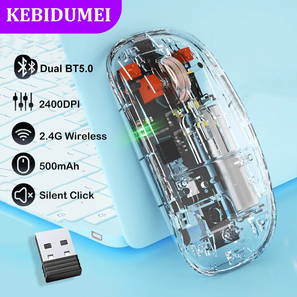 Tri-Mode Transparent Wireless Mouse – Dual Bluetooth & 2.4G, 2400DPI, Silent & Rechargeable