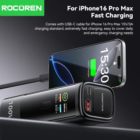 Rocoren 100W Power Bank 20000mAh Built-in Type C Cable Fast Charge Portable External Battery Charger for Laptop Phone