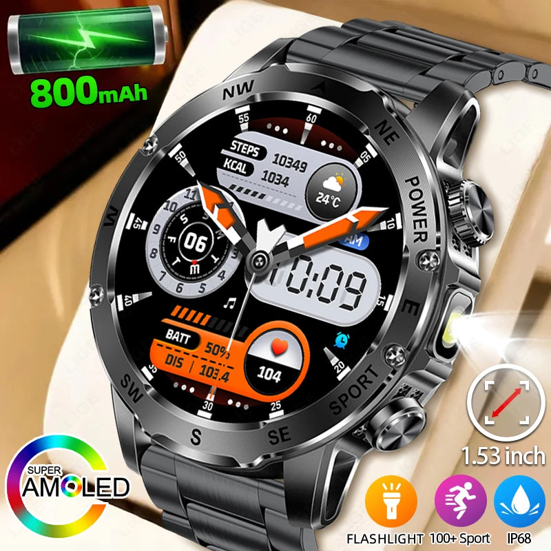 LIGE Compass Smart Watch Men 800mAh Outdoor Flashlight Bluetooth Call Waterproof Sports Fitness Tracker Pedometer Man