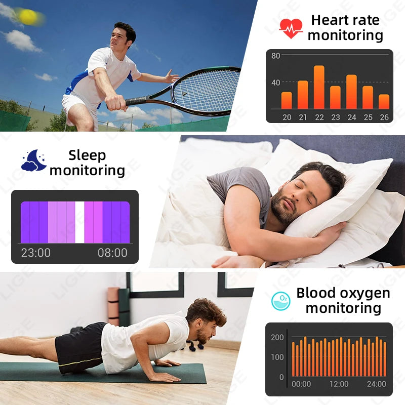 LIGE 2.04" HD Display 2025 New 1000mAh Large Battery Smart Watch Bluetooth Call Health Monitor IP68 Waterproof Sport