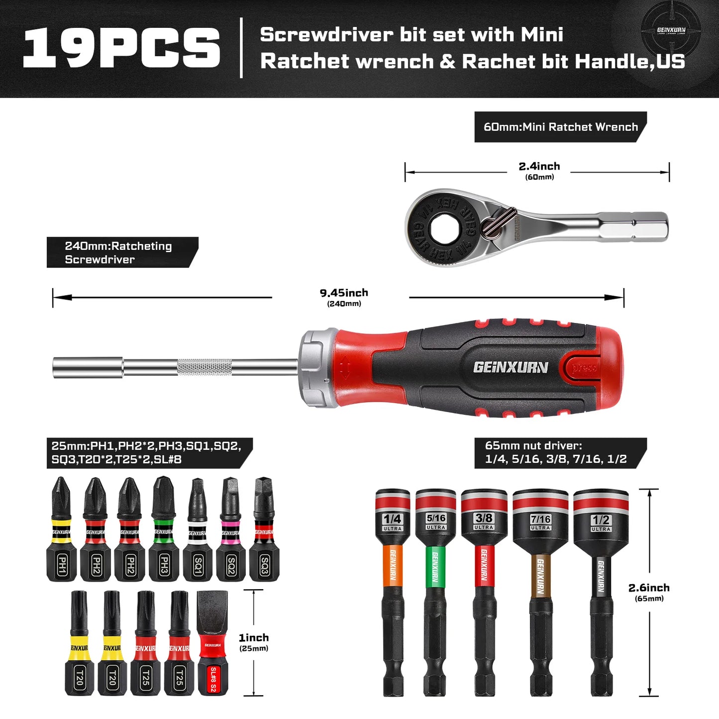Geinxurn Ratcheting Screwdriver Set, Rachet wrench, Rachet bit Handle and Nut Driver with Mixed Impact S2  Bits