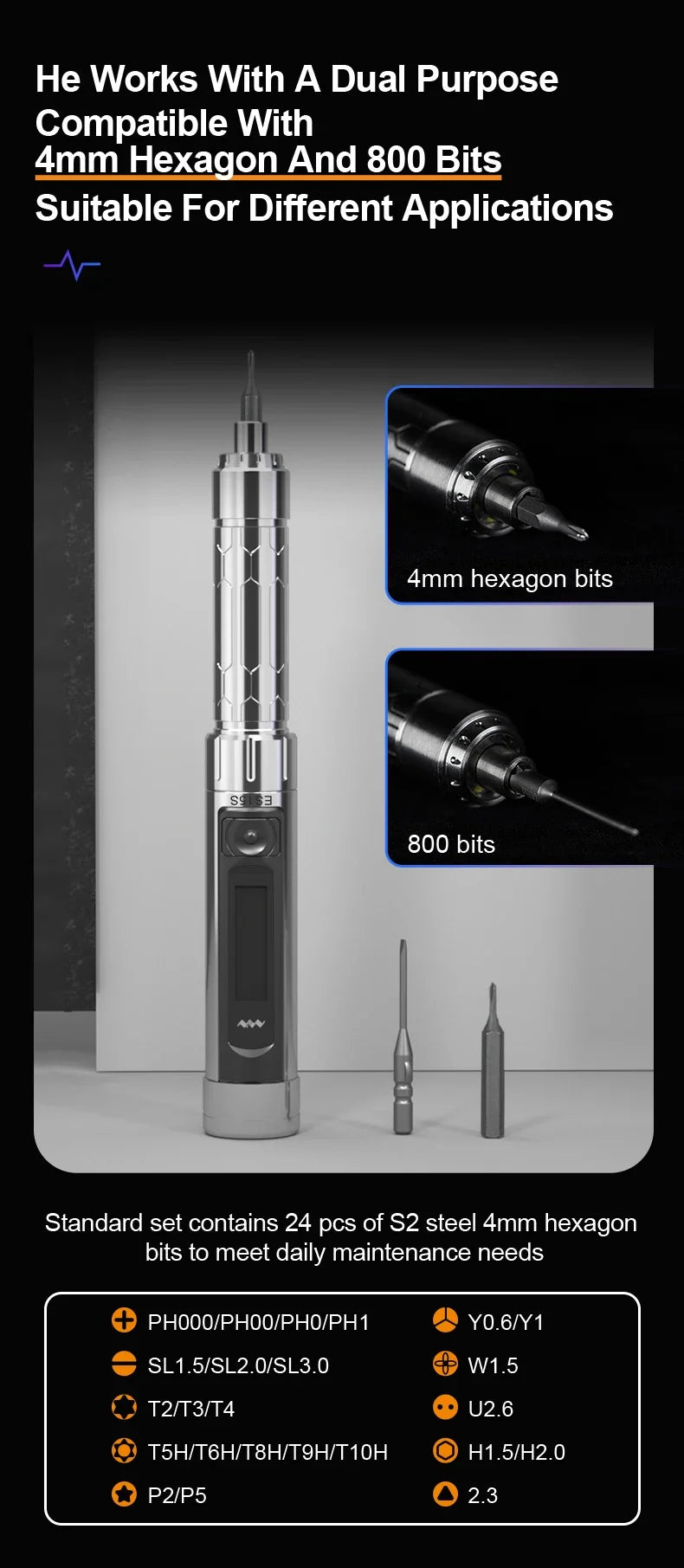 MINIWARE ES15S intelligent Motion Control Electric Screwdriver USB Chargeable Cordless  24pcs 4mm Bit Set LED lights