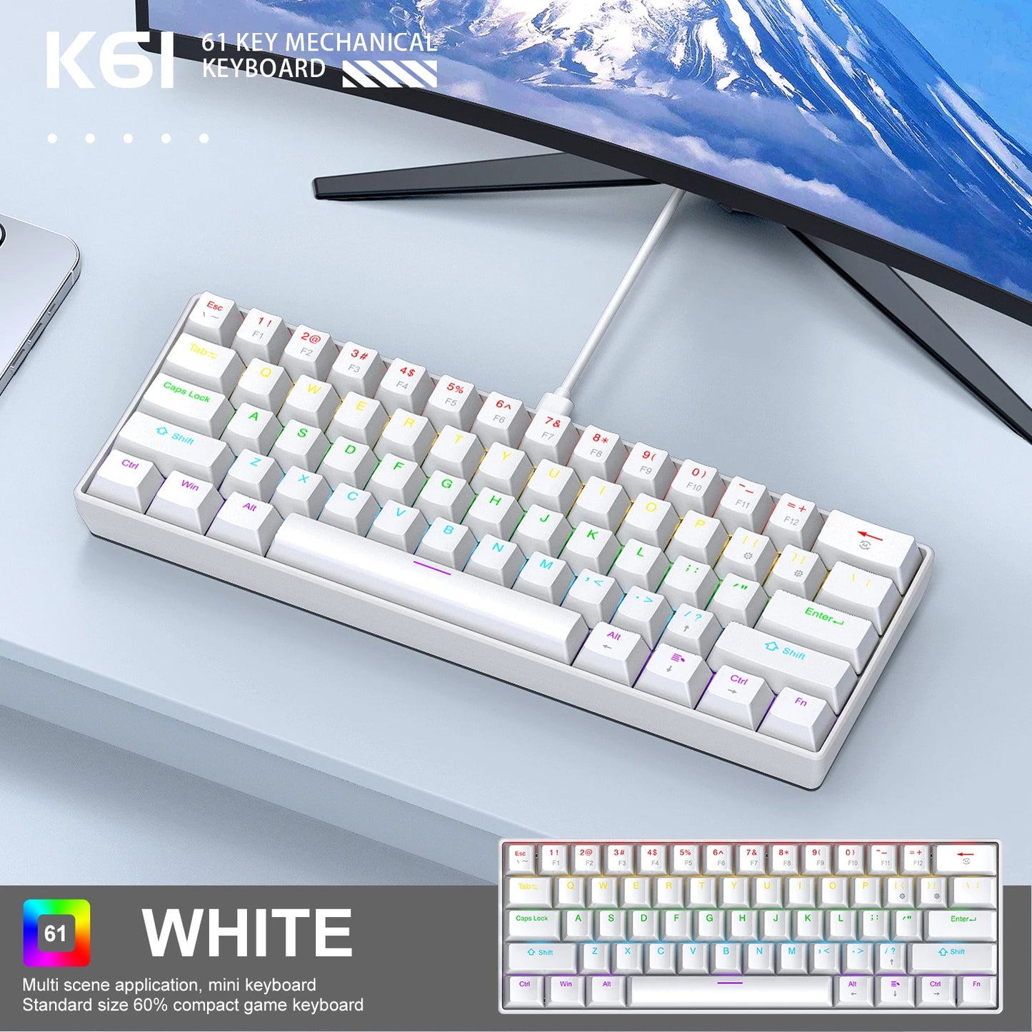 61 Key Mechanical Keyboard Wired, APAYADO K61 RGB 60% Portable Mini Keyboard