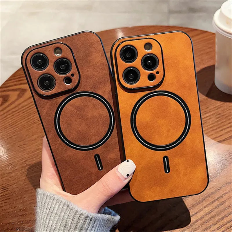 Luxury Wireless Charging Magnetic Cortex Leather Phone Case For iPhone 16 13 12 15 Pro Max 14 Plus 14Pro Shockproof Bumper