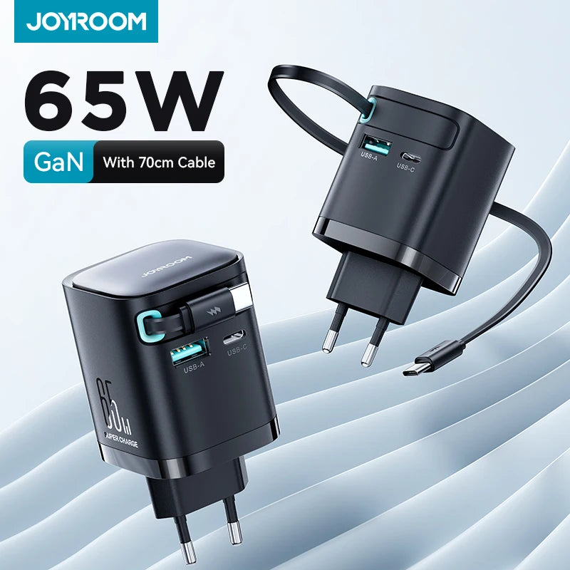 Joyroom 65W GaN USB Fast Charger With Retractable Type-c Cable for Phone Tablet Laptop Fast for iPhone Samsung Macbook