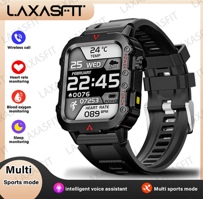 LAXASFIT New Outdoor Military Smartwatch Bluetooth Talking 1.73 Inch LED Sports Fitness