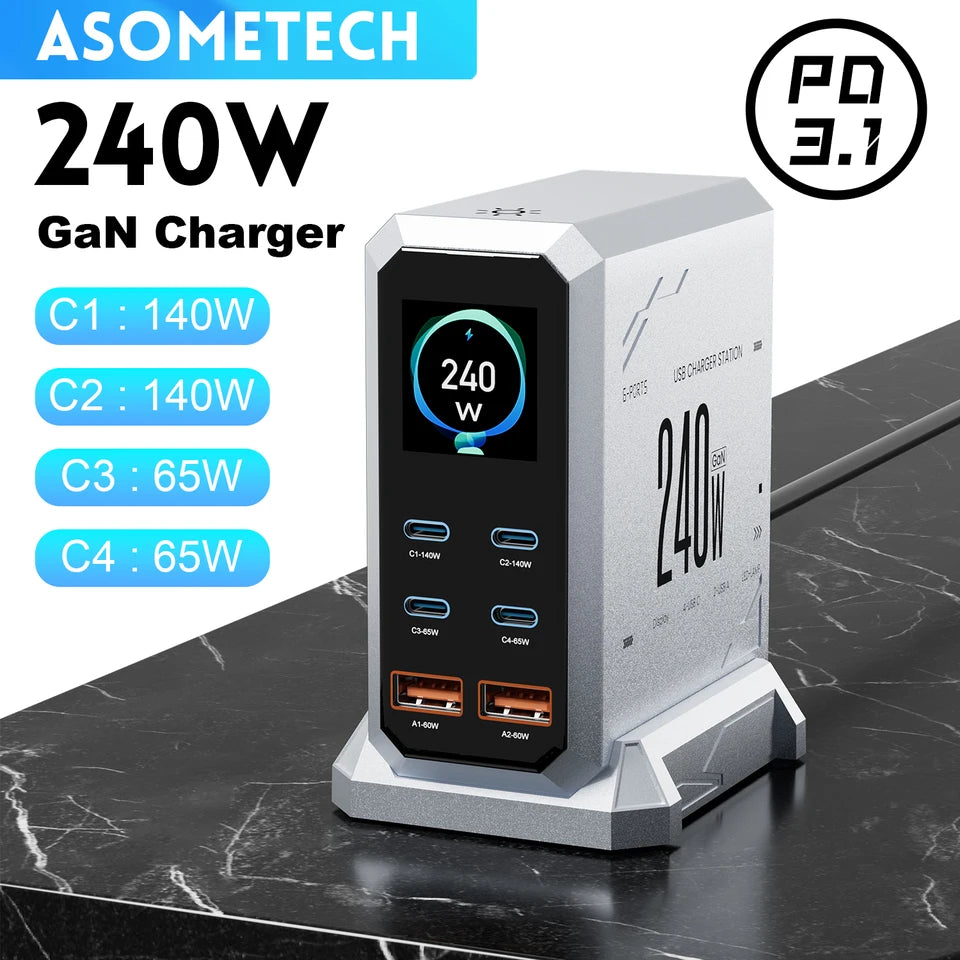240W GaN Charger PD3.1 140W USB Type C 6 Ports PPS PD Desktop Fast for MacBook Laptops Tablet iPhone Samsung