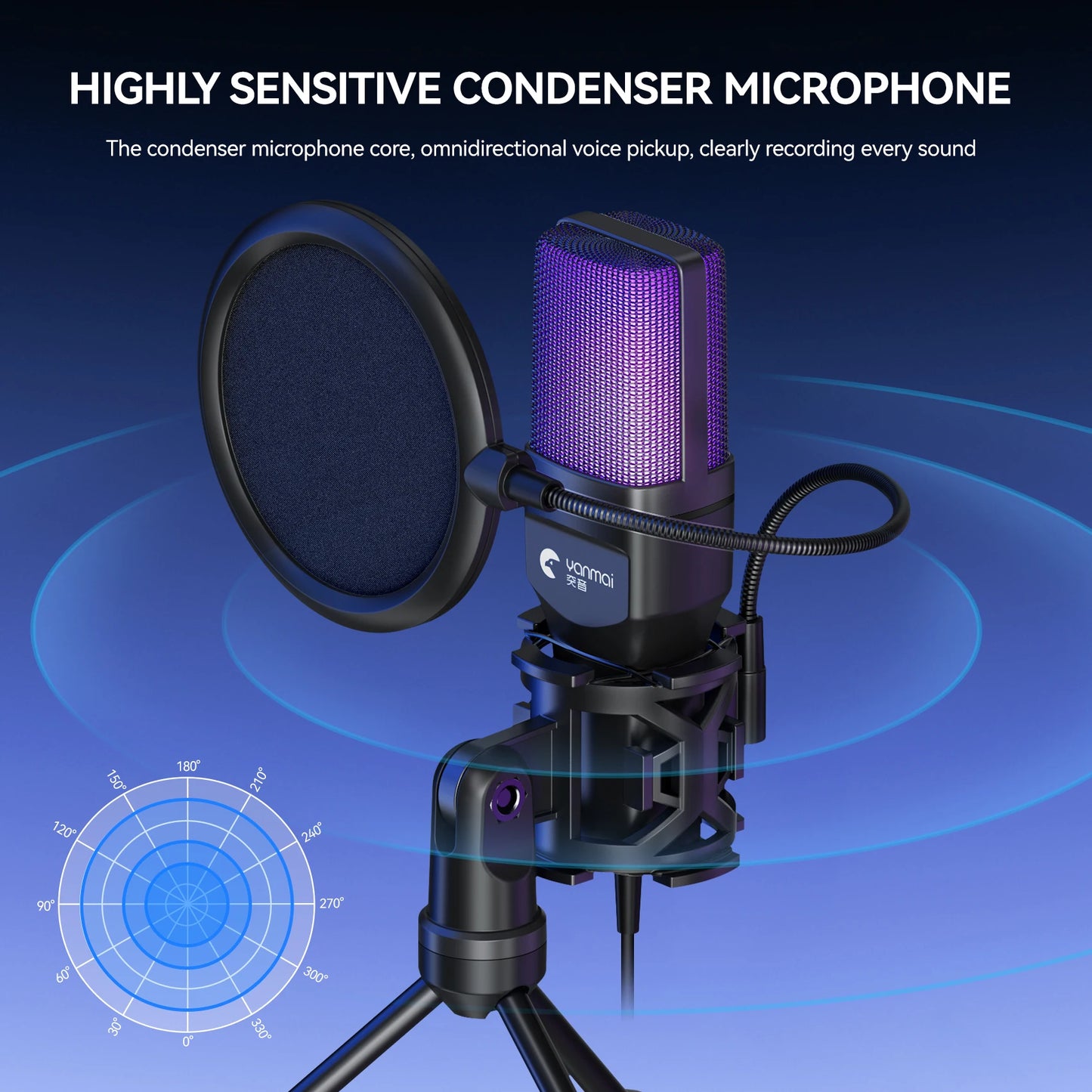 RGB Gaming Condenser Microphone – Desktop USB Mic for PC, Streaming & Recording