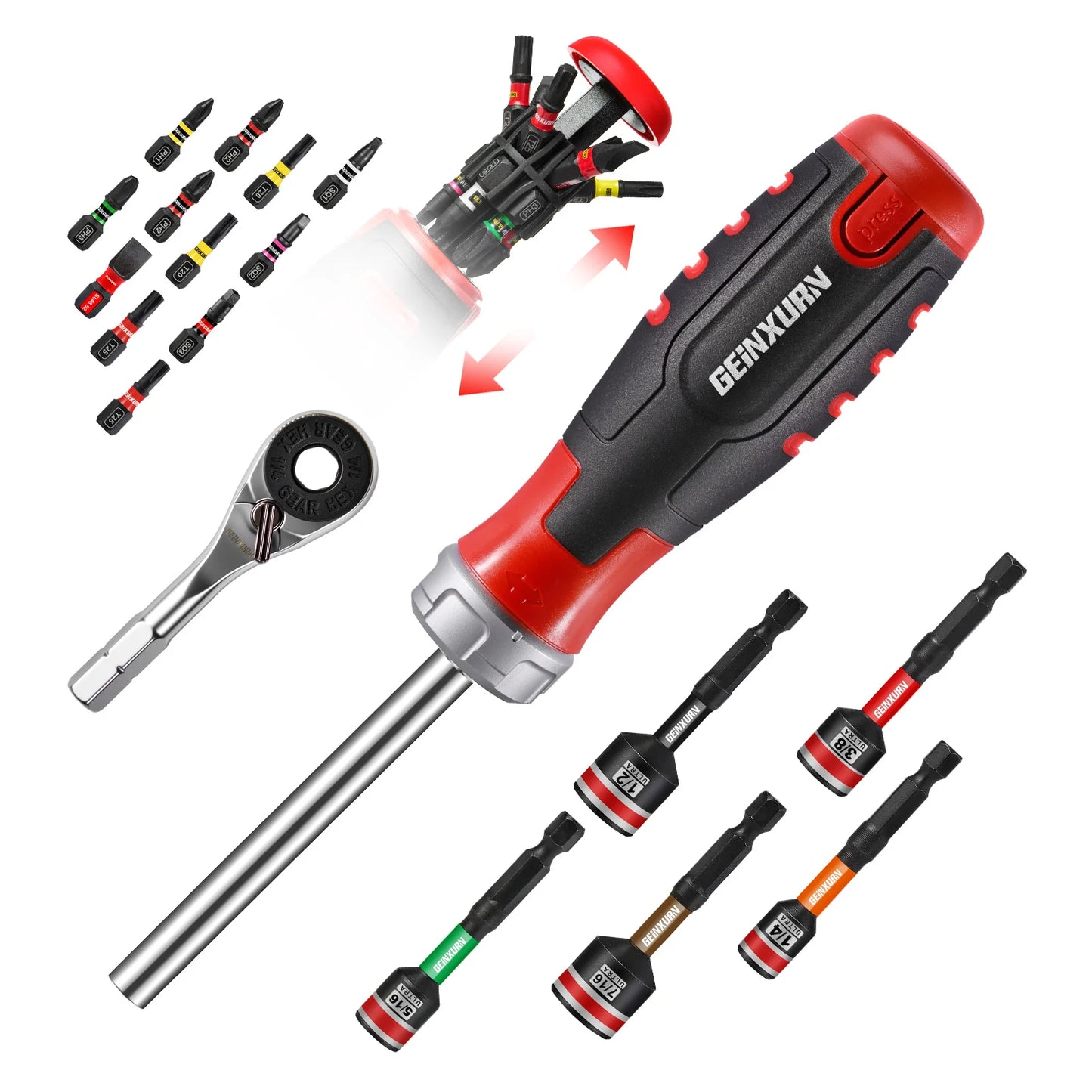 Geinxurn Ratcheting Screwdriver Set, Rachet wrench, Rachet bit Handle and Nut Driver with Mixed Impact S2  Bits