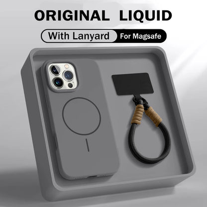 Luxury For Magsafe Magnetic Case For iPhone 15 14 16 Plus 11 12 13 Pro Max 16E Original Liquid Silicone Lanyard Strap Soft