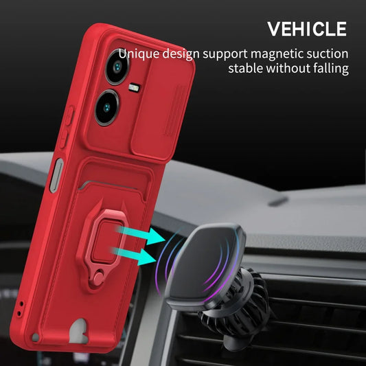 Sliding Camera Protection Case for VIVO Y36 Y27 Y17S Y22S Y35 Y16 Y72 Y53S Y20I Y12S Vehicle Magnetic Bracket Card Wallet Shell