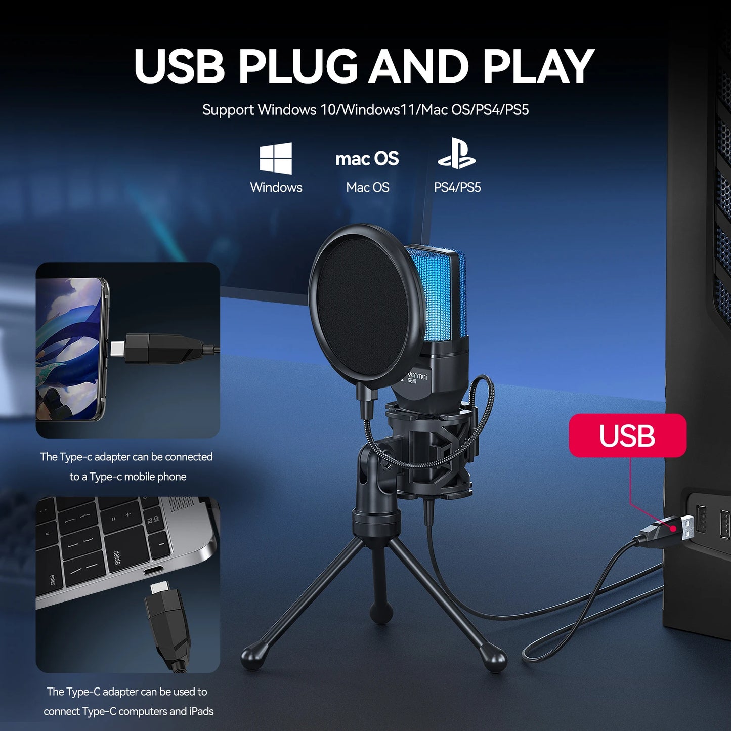 RGB Gaming Condenser Microphone – Desktop USB Mic for PC, Streaming & Recording