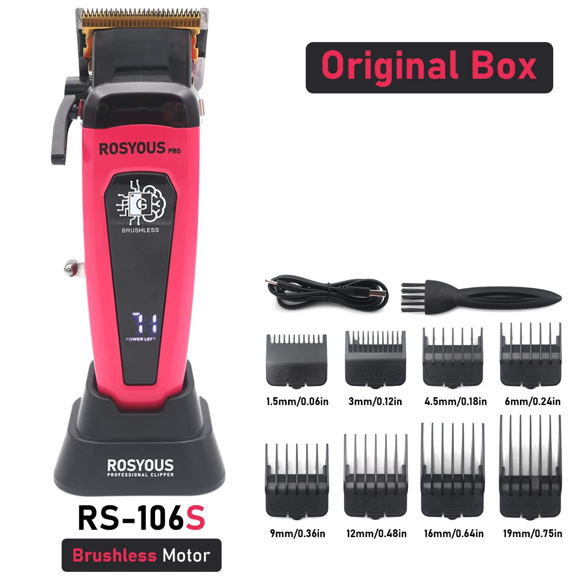 Professional Hair Clipper 106 – Brushless Motor, DLC Blade, LED Display, Base Charger