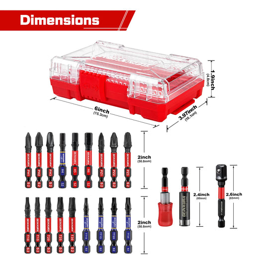 Geinxurn Impact Screwdriver Bit Set with Tough Case(Red), 27PCS S2 Steel Bit Set,2" Long  bits with 2.36