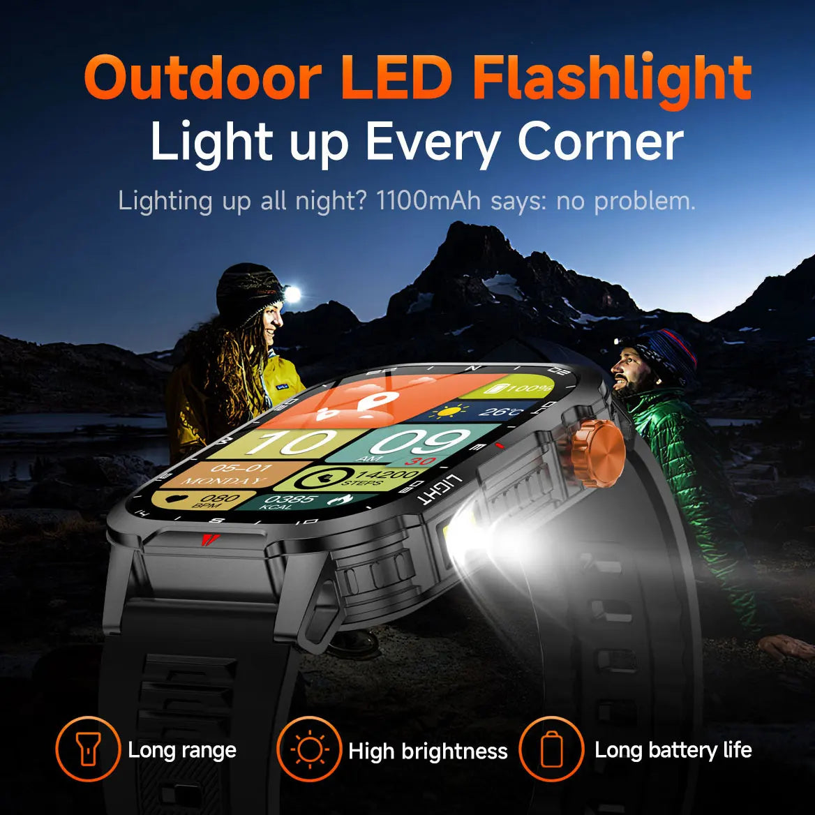 Fanwear men's smart watch Bluetooth call 1100mAh battery 100 days standby time 2.01 inch screen IP68