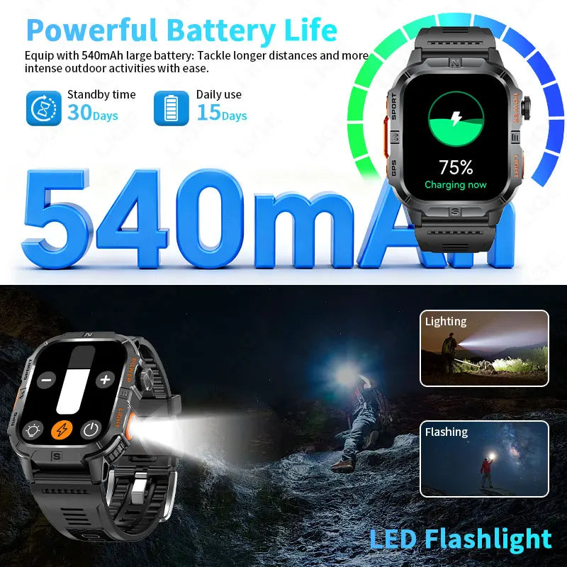 LIGE GPS Positioning Smart Watch Compass Flashlight Outdoor Watches Bluetooth Call 2.01'' Large Screen Waterproof