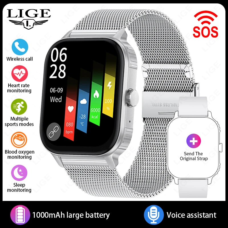 LIGE 2.04" HD Display 2025 New 1000mAh Large Battery Smart Watch Bluetooth Call Health Monitor IP68 Waterproof Sport