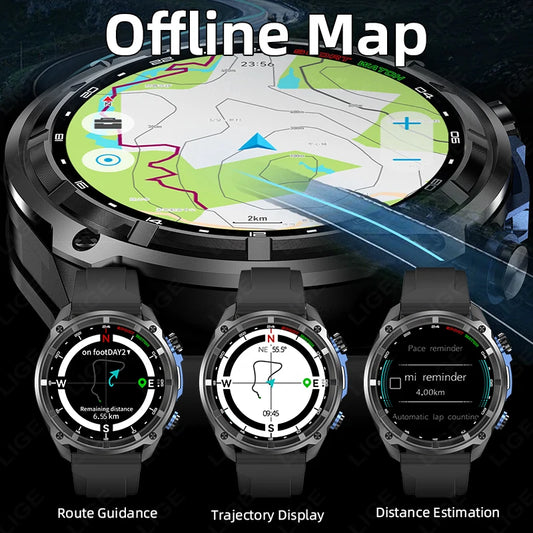 LIGE GPS Offline Map Smart Watch 860mAh Outdoor Sports Compass Altimeter 4GB Memory AMOLED Voice Call 3ATM Men Bracelets