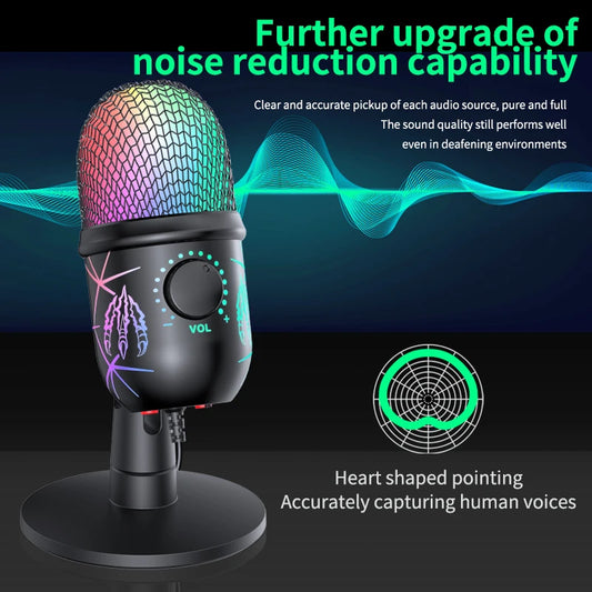 Gaming USB Condenser Microphone for PC – Podcast & Studio Recording with LED, Noise Cancellation, Headphone Jack