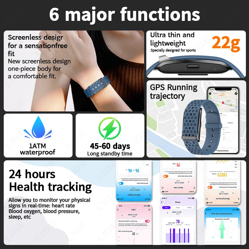 LIGE No Screen Smart Bracelet Heart Rate Blood Pressure Sleep Monitor Pedometer Sports Fitness Tracker Men Women Smartwatch 2025