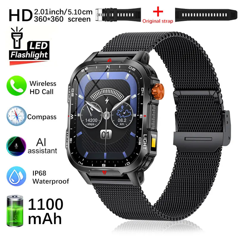 Fanwear men's smart watch Bluetooth call 1100mAh battery 100 days standby time 2.01 inch screen IP68