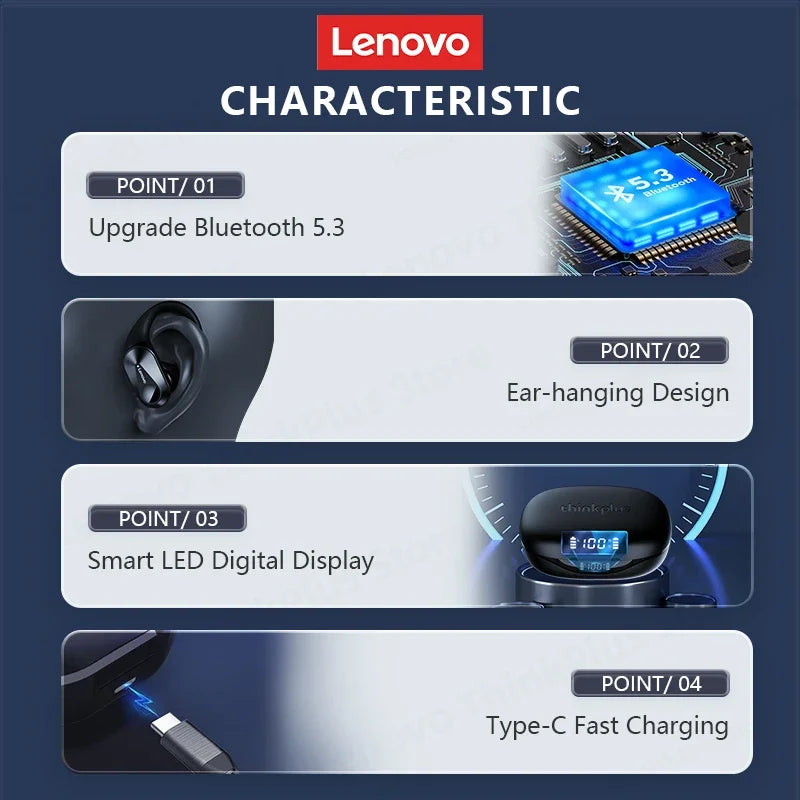 Ship From US Lenovo LP75 Bluetooth 5.3 Headphones Wireless Music LED Digital Display Noise Reduction Game New